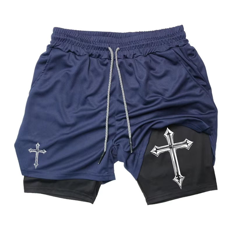 Cross Print 2 in 1 Workout Running Shorts for Men Christian Gym Athletic Shorts with Compression Liner Phone Pocket Towel Loop