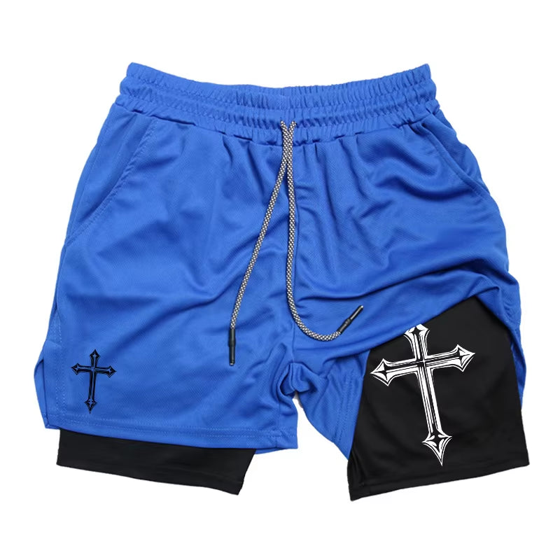 Cross Print 2 in 1 Workout Running Shorts for Men Christian Gym Athletic Shorts with Compression Liner Phone Pocket Towel Loop