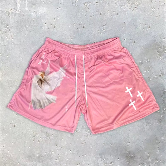 Y2K Christian Angel Cross Print Gym Shorts for Men Active Track Shorts with Pockets Athletic Workout Training Running Jogging